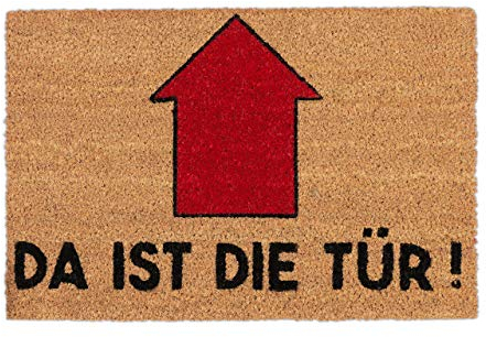 Relaxdays Fußmatte mit Spruch, Da ist die Tür, Pfeil, Eingangsbereich, Garten, Schmutzfang Türvorleger 60x40, Natur/rot