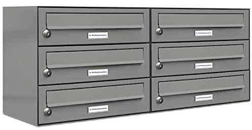 AL Briefkastensysteme 6er Briefkastenanlage Aluminiumgrau RAL 9007, Premium Briefkasten DIN A4, 6 Fach Postkasten modern Aufputz