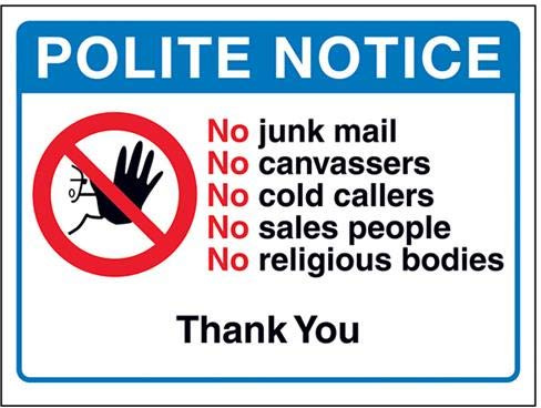 VSafety Polite Notice: No Junk Mail Sign - 150mm x 100mm - Window Sticker