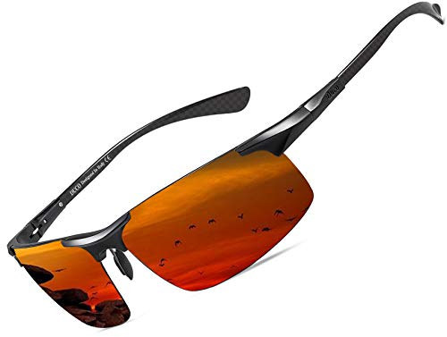 DUCO Herren Polarisierte Sonnenbrille mit Metallrahmen und Kohlefaser Brille Beine UV400 CAT 3 8277 (Schwarz,Rot verspiegelt)
