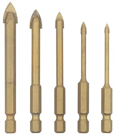 Unxuey 5pcs Hex Shank 1/4 Inch Glass Drill Bits Set Cross Spear Head Titanium Coated Drill Bit for Ceramic Tile Marble Mirror Glass, 3mm, 4mm, 6mm, 8mm, 10mm
