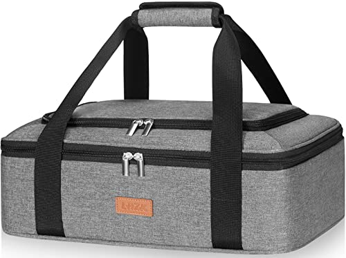 LHZK Insulated Casserole Carrier for Hot or Cold Food, with Upgrade Compartment for Fixing Campping Cutlery, Lasagna Holder Tote for Potluck Parties, Picnic, Beach, Fits 9x13 Baking Dish (Grey)