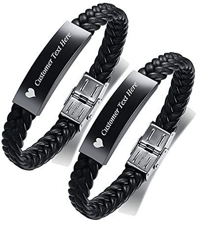 FLHEART Personalisierte schwarze Edelstahl und Mikrofaser geflochtenes Leder Armband klassischen Stil sein ihr Paar Armband verstellbare Geburtstag Valentinstag Jubiläum Armband Geschenk