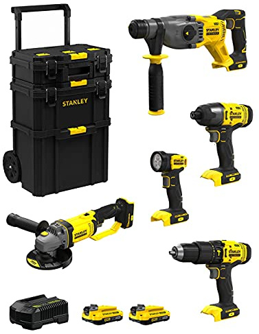 STANLEY FatMax Kit SVK500 (SFMCH900 + SFMCG400 + SFMCD711 + SFMCF800 + SFMCL020 + 2 Batterien 2,0 Ah + Ladegerät + Caddy 3in1)