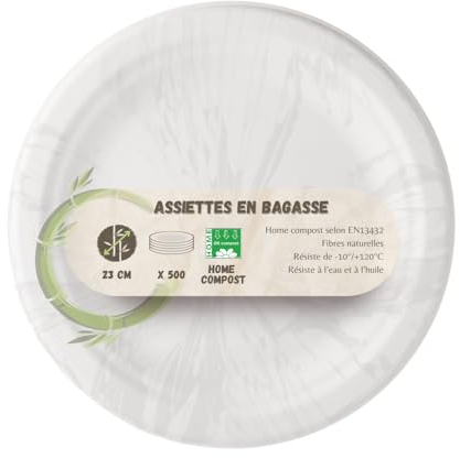 Générique 500 Assiettes rondes blanches 23cm en bagasse pulpe de canne à sucre, plusieurs diamètres disponibles, plusieurs conditionnements, pour les particuliers et professionnels (500, 23 cm)