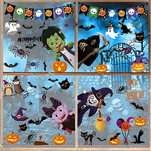 Halloween Fensterbilder, 55 Stück Halloween Fenster Sticker, Doppelseitiges Fensterbilder mit Kürbis, Fledermaus, Spinne, Kinder Halloween Deko Fensterdeko für Halloween Party