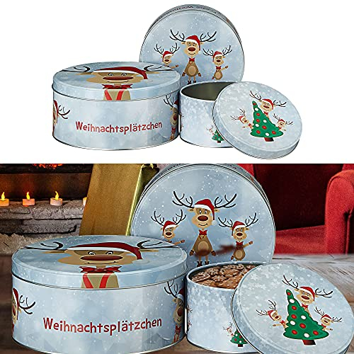 Cepewa Gebäckdose Rentier Ole 3er Set Weihnachten | 3 Größen rund Metall | Aufbewahrung Weihnachtsgebäck Keksdose (1 x 3er Set Gebäckdose Rentier Ole)