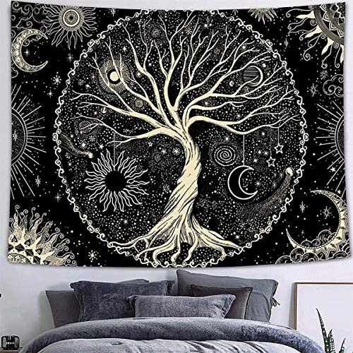 Arawat Wandteppich Baum des Lebens Wandtuch Lebensbaum Schwarz Weiß Wandteppich Mond Sonne Wanddeko Psychedelic Teppich Gothic Wandteppiche Trippy Tapestry Wandtuch Wandbehang Wand Deko (150 x 200cm)