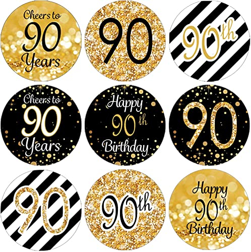 216Pcs 90.Geburtstag Aufkleber Geburtstag Sticker Jubiläum Deko Aufkleber Schwarzes und Gold Geschenk-Verpackung Gastgeschenk Hochzeit Mitgebsel für Gäste Geburtstag Fest Etiketten (90th)