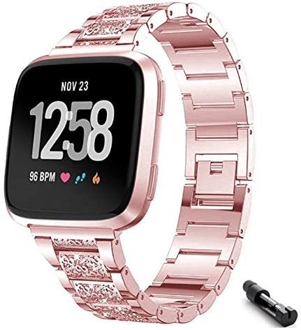 HYKEJI Metall Armband für Fitbit Versa 3 / Fitbit Sense, Frauen Strass Glitzer Verstellbare Edelstahl Ersatzbänder Armband, Kompatibel mit Fitbit Versa 3 / Fitbit Sense (Rosa)