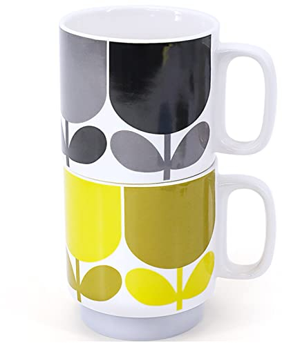Orla Kiely Set of 2 Stacking Mugs Ceramic Block Flower- Slate/Ochre Gift Boxed