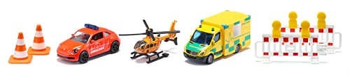 siku 6332, Geschenkset Rettung, VW Beetle-Notarztwagen, Mercedes-Rettungswagen, Helikopter, Spielzeug-Set, Kunststoff/Metall, Multicolor, Inkl. 2 Warnbaken und 2 Pylonen