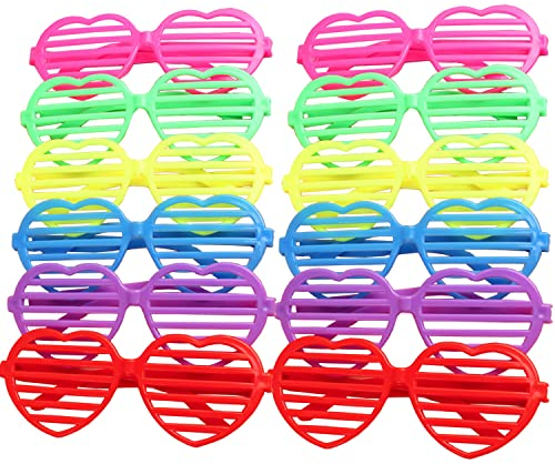 Ouinne 12 Paare Mode Kunststoff Jalousien Brille Sonnenbrille für Kostüm Party Club Tanz Neon Farbe Shutter Brille Herzförmig 80er Jahre Party Schlitz Sonnenbrille für Kinder & Erwachsene