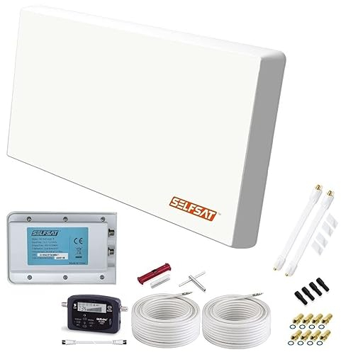 SELFSAT H22D2+ Set - Twin Flachantenne Full HD 4K UHD für Zwei Teilnehmer inkl. Fensterhalterung + SAT-Finder + Fensterdurchführung + F-Stecker + Wetterschutztüllen