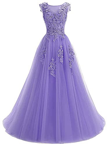 TSxuelian Damen U-Ausschnitt Spitze Applique Ballkleider A-Linie Brautjungfernkleid formelle Abendkleider Partykleider, Flieder, 42