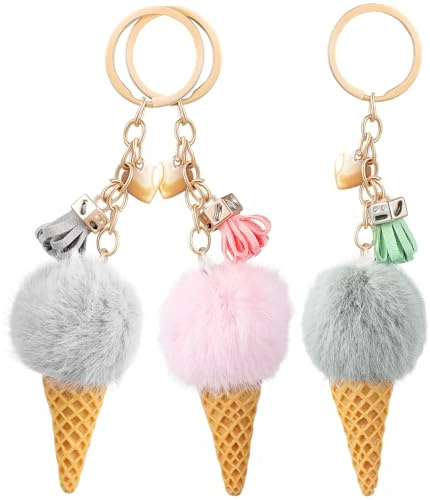 Ice Key Ring Ice Cream Key Chain Pendant: Plush Keyring Keychain Pendant Dessert Keychain Bag Hanging Decoration 3 PCS Grey Plush Kitchen Counter Storage, 3 PCS