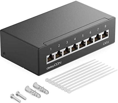 deleyCON CAT 6 Panneau de Brassage Panneau de Distribution 8 Ports 1 UH Desktop & Mural Blindé 8x Prise RJ45 LAN Câble D'installation Réseau TIA568A TIA568B RAL 9005 Noir