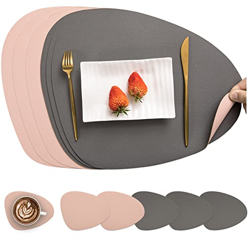 Myir JUN Tischsets Leder und Untersetzer, Tischsets Abwaschbar Rund Doppelseitigen rutschfest Platzdeckchen Leder Kunstleder Tischset Lederoptik Platzset (Grau Rosa, Satz von 6)