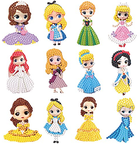 Tydeus Diamantmalerei Kinder, Diamond Painting Sticker, 12 Stück Diamond Painting Set, Cartoon Mädchen Theme Diamant Malerei Kits, Crystal Diamond Painting für Erwachsene Kinder