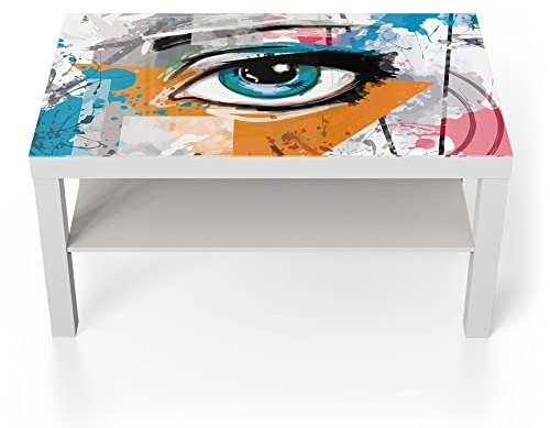 DEQORI Glastisch | weiß groß 90x50 cm | Motiv Auge einer Frau | ausgefallener Beistelltisch aus Glas | Hochglanz Couchtisch fürs Wohnzimmer | moderner Couch Tisch mit Design