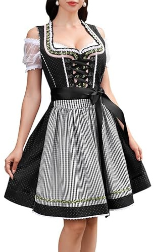 Clearlove Dirndl Damen midi 3tlg Trachtenkleid Damen Trachtenrock Trachtenmode Kleid Dirndlbluse für Oktoberfest(Schwarz,38)
