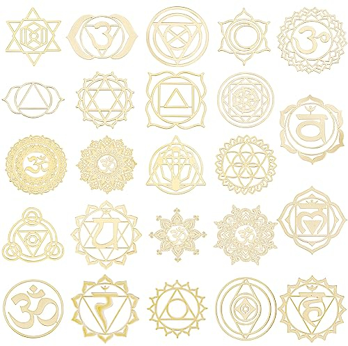 FINGERINSPIRE 24 Stück 24 Stile Chakren Aufkleber Gemischte Muster Goldene Energie Aufkleber Chakra Thema Metall Aufkleber Messing Selbstklebende Aufkleber Für DIY Telefon Yoga Studio Dekoration
