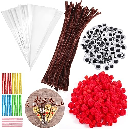 Yoosso 100 Stück Süßigkeiten Tüten, Cellophantüten Pfeifenreiniger Pfeifenputzer Braun Spitztüten mit Bindebänder Rote Pompons Wackelaugen für Bonbons Kekse Weihnachtsgeschenke