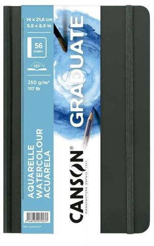 5er Pack Canson® Graduate Aquarell-Notizbuch, 28 Blatt, 14 x 21,6 cm, 250 g/m², doppelseitiges Papier, feine Körnung/helle Körnung, weiß