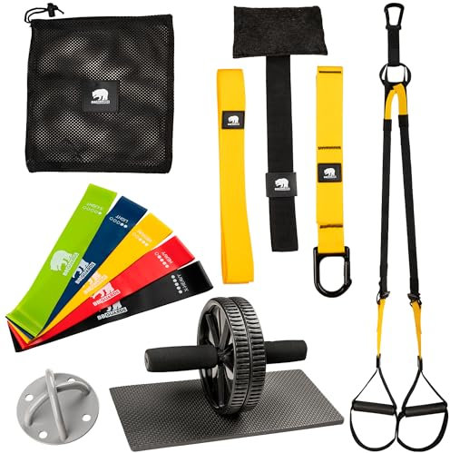 Sangles de suspension (fixation murale et de porte incluse), roulette abdominaux et bande élastique musculation. Appareil de musculation avec roue abdominale, bande élastique et sangle suspension