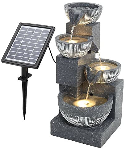 Fontaine d'eau de Jardin intérieure/extérieure Fontaine d'eau extérieure Jardin Bol en Cascade à 4 Niveaux Fontaine Solaire intérieure et extérieure à LED pour terrasse, Patio, Porche,