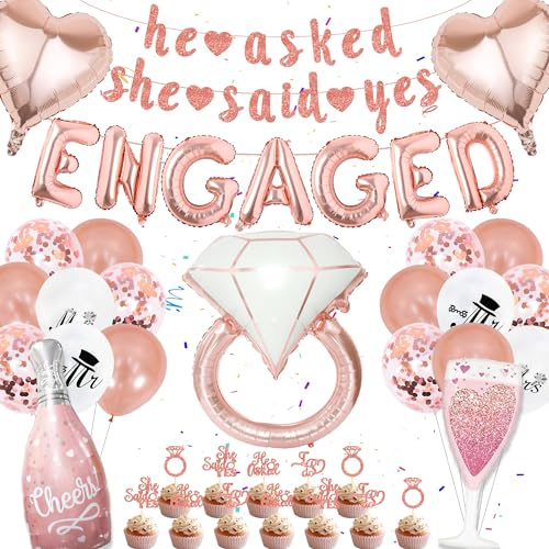 Verlobungs-Party-Dekorationen – Roségold Verlobungsballons, She Said Yes Banner, Ringballons, Cupcake-Topper, Verlobung Hochzeit Party Supplies
