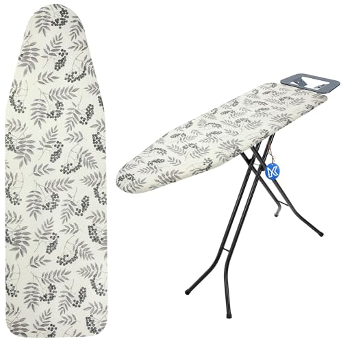 KADAX Ironing Board Cover with Drawstring, Ironing Board Cover for Faster Ironing, Universal Ironing Board Cover in 2 Sizes, Cotton Ironing Pad (Grey Leaves, 112 x 32 cm)