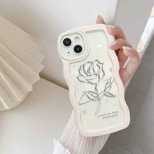 UEEBAI Clear Case for iPhone 15 Plus 6.7 inch, Cute Simple Wave Wavy Frame Slim Fit Shockproof Phone Bumper Cover Translucent Soft Pretty Protective TPU Case for girls women - White Rose