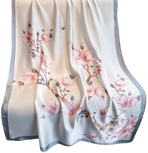Silk scarf Women Shawl Yellow Scarf Stain Neckerchief Head Wrap Thin Scarf Ladies Beach Shawl Vintage Bridal Chiffon Scarf Muslim Colorful Cloth Christmas Decorations Scarf Belt (Blue-magnolie)