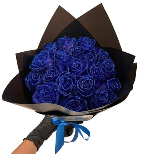 Qoobom Glitter Rose, Artificial Flower Bouquet (Self-Assembly) - Shiny Fake Roses, Love Gifts for Valentine's Day, Anniversary, Engagement (Blue, 12 Roses)