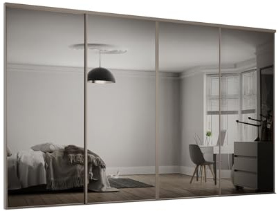 SPACEPRO Heritage Sliding Mirror Wardrobe Doors – Modern 4 door Sliding Mirror Wardrobe, Stone Grey Finish, Full Length Mirror Sliding Door Kit with Track, Ideal for 2260mm x 2978mm opening size