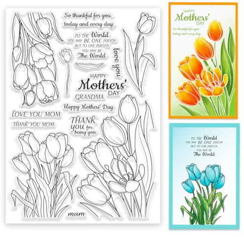 ORIGACH Happy Mother's Day Clear Stamps Tulpen Sprüche Silikonstempel für Karten machen DIY Scrapbooking Fotoalbum Dekoration, 29.7x21cm/11.7x8.3inch