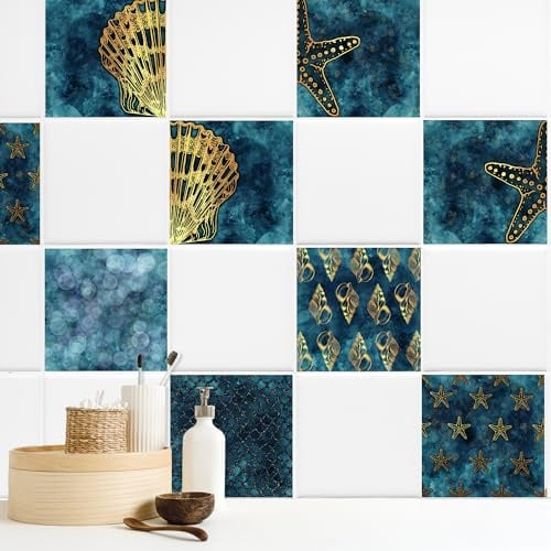 GRAZDesign Fliesenaufkleber Muscheln Blau Gold Bad Badezimmer, Fliesenbilder Set selbstklebend - 15x15cm / 40 Stück
