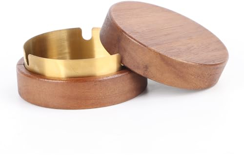 Lnjya Aschenbecher für Draussen 90mm, Holz Aschenbecher mit Deckel und Herausnehmbare Edelstahl Auskleidung, Aschenbecher für Auto Unterwegs Büro Wohnzimmer, Geschenke für Männer, Opa, Papa, Ehemann