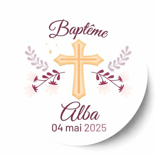 Lot de stickers personnalisés, thème baptême avec croix rose, naissance, communion, autocollant rond prénom date, bleu rose ou vert, typographie au choix, étiquette adhésive, mat ou brillant, 4cm
