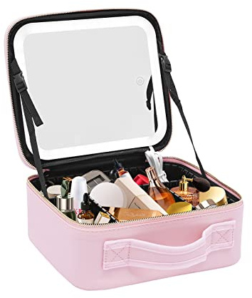 Kosmetiktasche,Make-up Tasche mit 3-Farben-Licht,Kosmetikkoffer mit Spiegel,Kosmetikkoffer Damen,Reise Kosmetiktasche,Schminkkoffer Leer,26 * 23 * 11cm (Rosa)