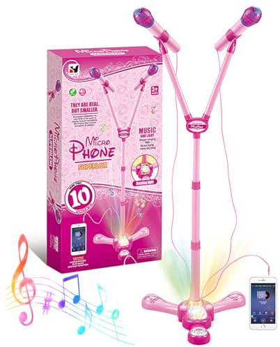 Funvalley Surperfect Kids Microphone and Stand,Double Head Kids Karaoke Machine with Stand With External Music Function & Flashing Lights Toy for Kids Children Girls(Pink)