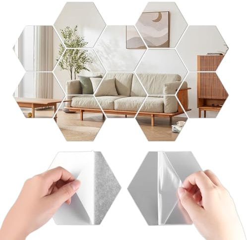 Specchio esagonale – 12 pezzi di piastrelle a specchio autoadesive esagonali in acrilico per camera dei bambini, camera da letto, soggiorno, divano, TV, decorazione fai da te