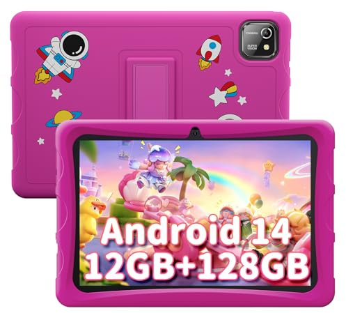 BESTTAB Tablet Bambini 10 Pollici, Tablet Android 14 per Bambino 3 4 5 6 Anni, 12GB RAM 128GB ROM(TF 2 TB), Octa-Core CPU, Controllo Genitoriale, WiFi 6, Iwawa Preinstallato, Widevine L1, BT5.0