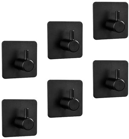 Robe & Bath Towel Hooks - Pack of 6 Black Plastic Adhesive Hooks for Hassle-Free Hanging on Walls in Bathroom, Kitchen and More！Strong & Traceless Sticky Hook with Single Mount for Door & Clothing