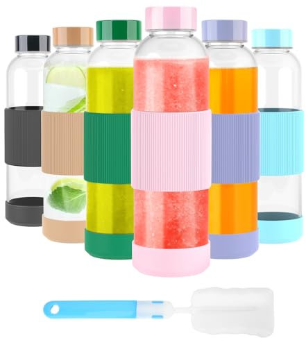 Luxfuel Botellas de vidrio de 18 onzas con tapas, botellas de agua de vidrio reutilizables con tapa de acero inoxidable, a prueba de fugas y sin BPA, con funda de silicona, botellas de vidrio para