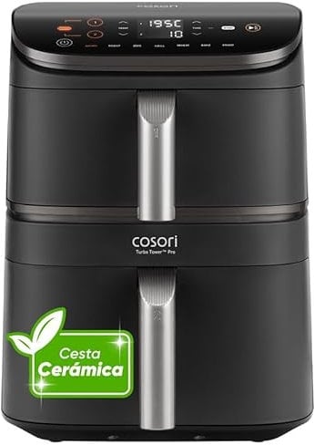 Cosori Turbo Tower Pro Freidora de Aire 10.8L 2630W, Revestimiento Cerámico y Doble Cesta, Tecnología Avanzada con Motor DC y Dual Blaze, Ahorro de Energía y Más Rápida, 7 Funciones, Ahorra de Espacio