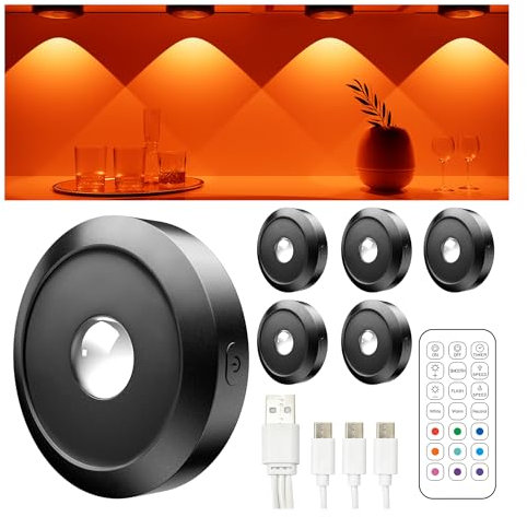 ERSDGG 6 Stück Zum Mini Spot LED Puck Lights - 1500mAh Akku, 12 Farben Lights, dimmbare & zeitgesteuerte Schrankbeleuchtung mit Fernbedienung, 3 Lights Modi, lange Batterielebensdauer, Orange