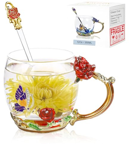 Teetasse mit Blume, Schmetterling, Gänseblümchen, Glas, ausgefallene Kaffeetasse mit Löffel, Geschenkbox für Mutter, Ehefrau, Oma, Mädchen, Freunde, Valentinstag, Weihnachten, Geburtstag, Geschenkidee