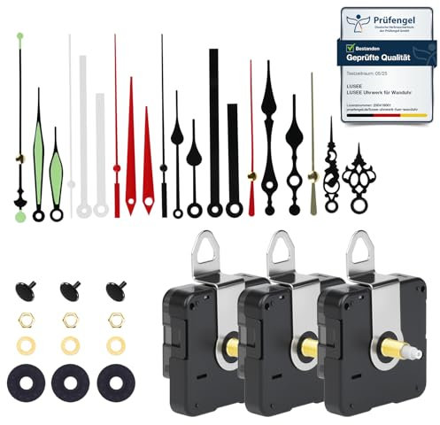 LUSEE Clock Mechanisms Battery Powered 20MM, 3 Pack Silent Quartz Clock Movement with 7 Pairs Aluminium Clock Hands, Hands and Motor Mechanism Replacement Kits for Repair DIY